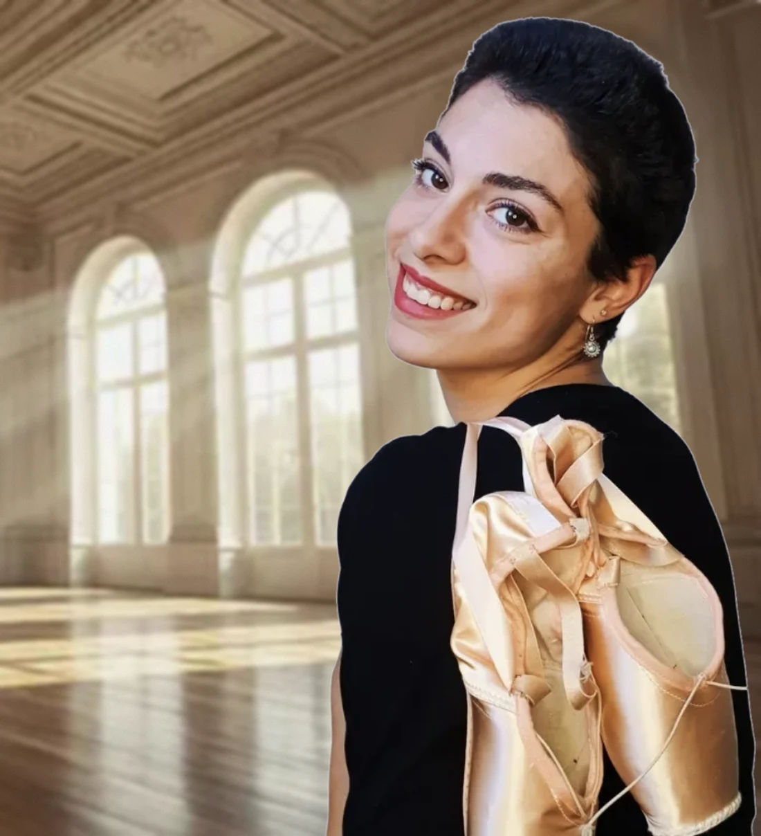 Ballerina sorridente con scarpette da punta sulla spalla in una grande sala di danza luminosa con finestre ad arco