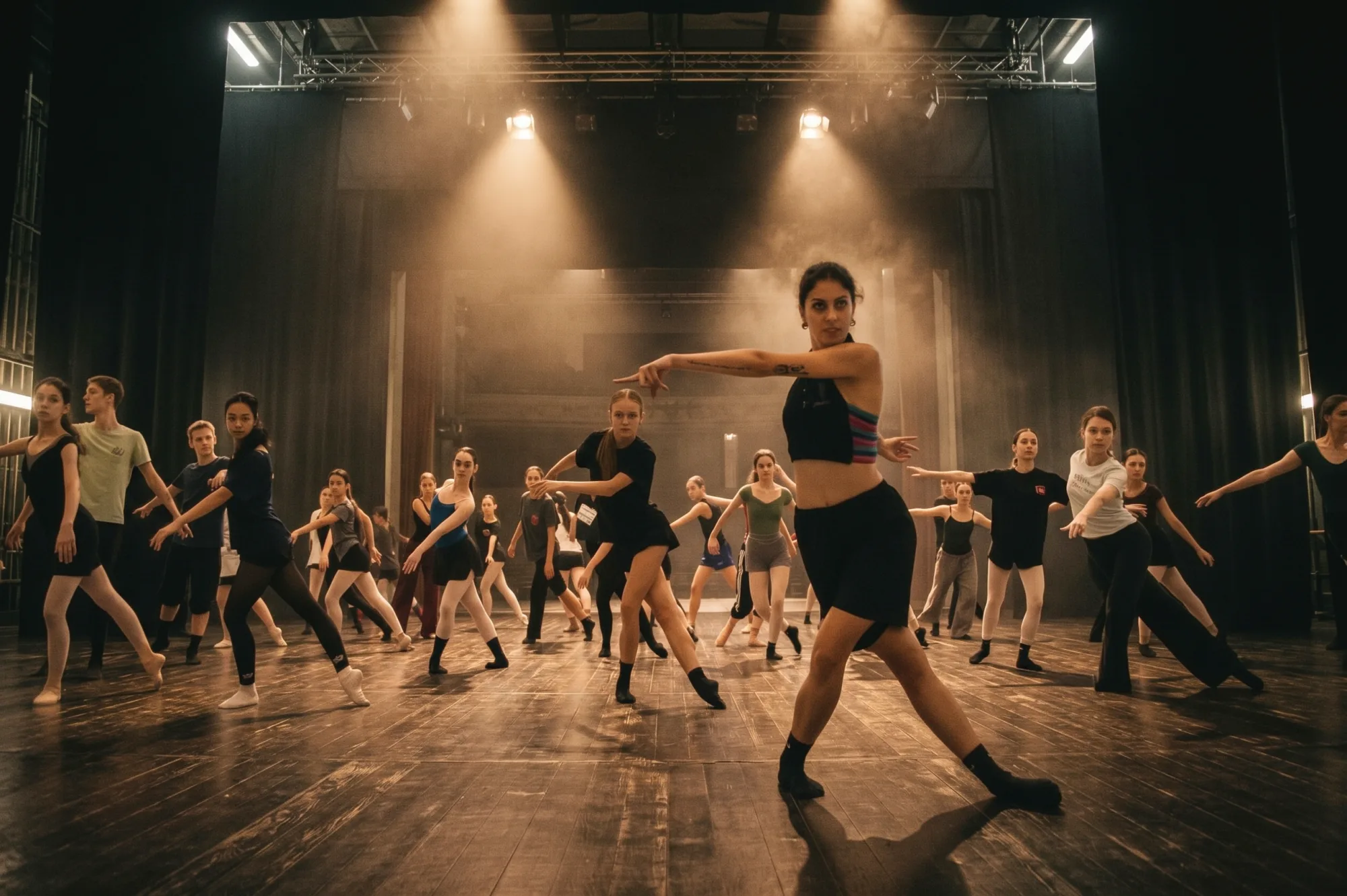 Insegnante guida un grande gruppo di giovani allievi in una lezione di danza sul palcoscenico di un teatro