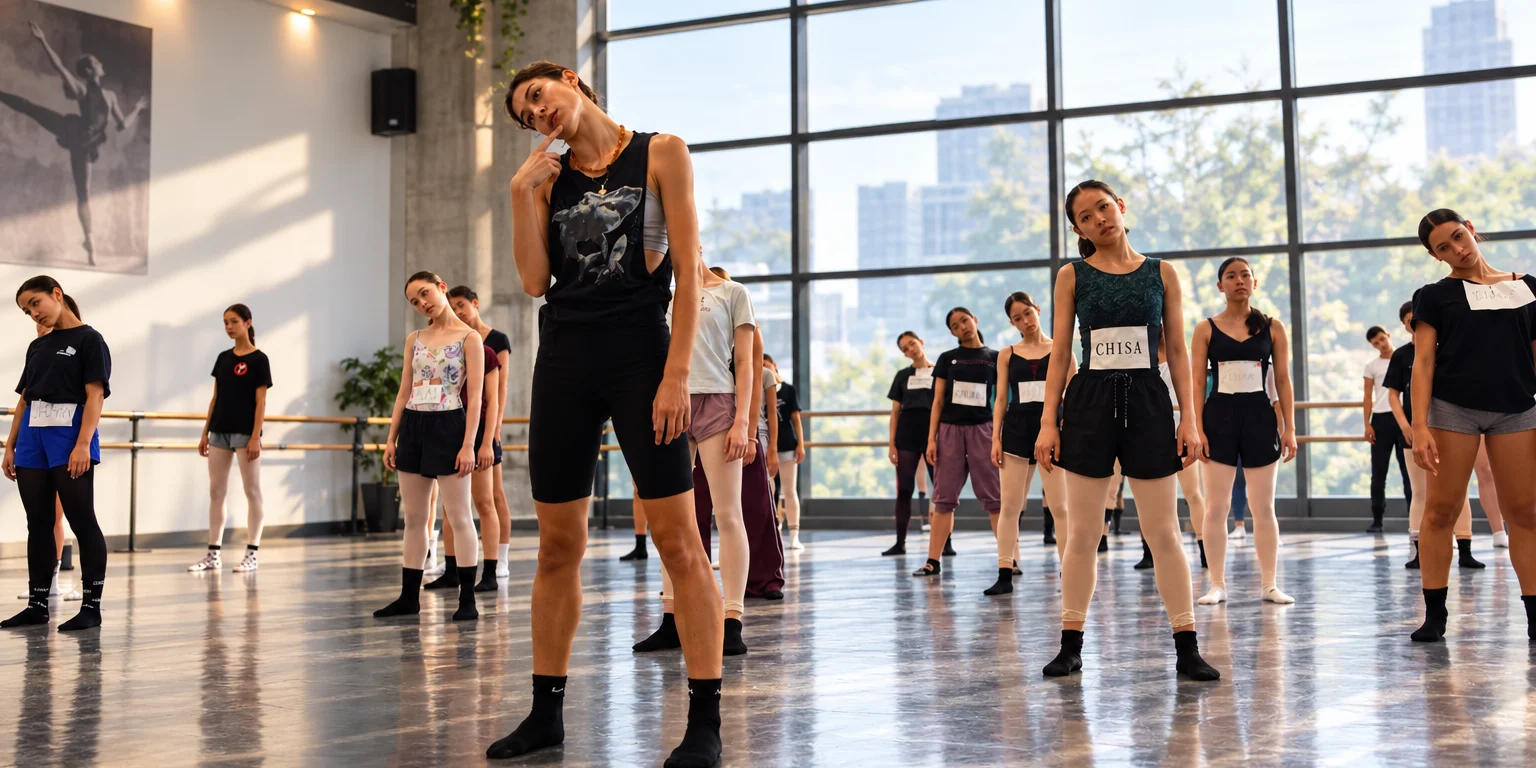 Insegnante e gruppo di giovani allievi in una grande sala danza luminosa con vetrate